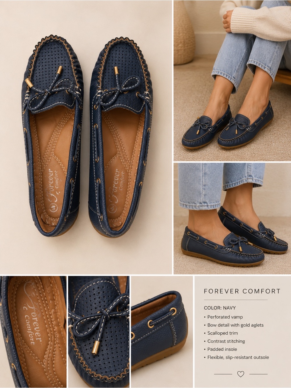Forever Comfort Navy Perforated Bow Moccasins